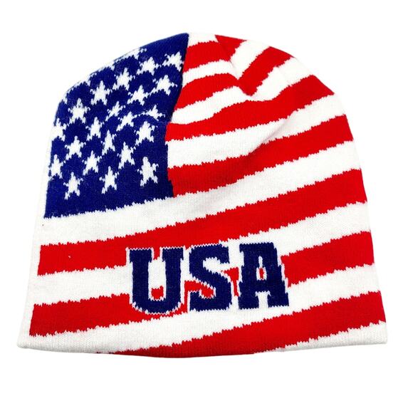 Vtg Flag Apparel USA Patriotic Red White Blue Stars and Stripes Knit Beanie Hat - Picture 1 of 5